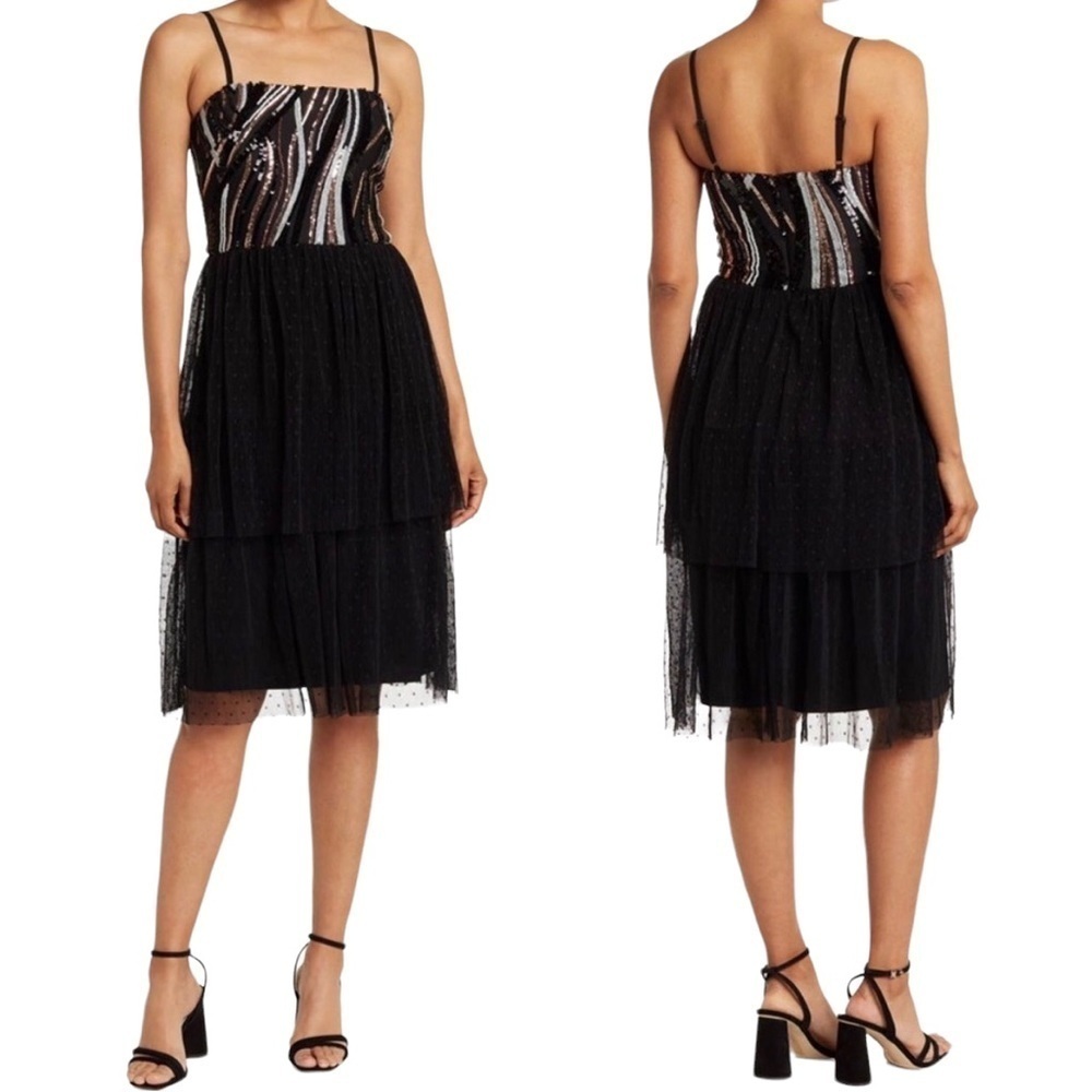 Dress The Population Kady Sequin Tiered Dress Black Size Small Wedding Guest - Picture 1 of 11
